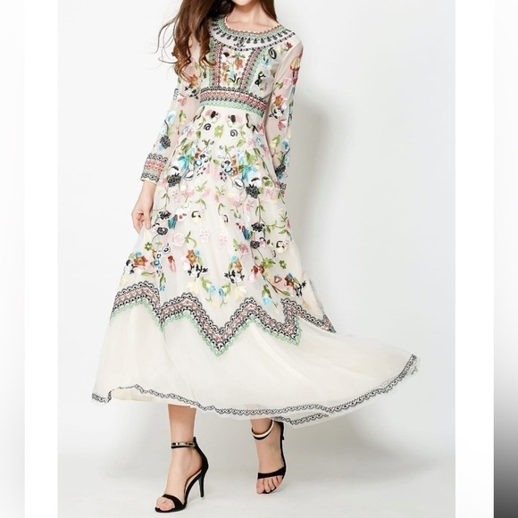 Embroidery Flowers Boho Silk Dress - Picture 2 of 16